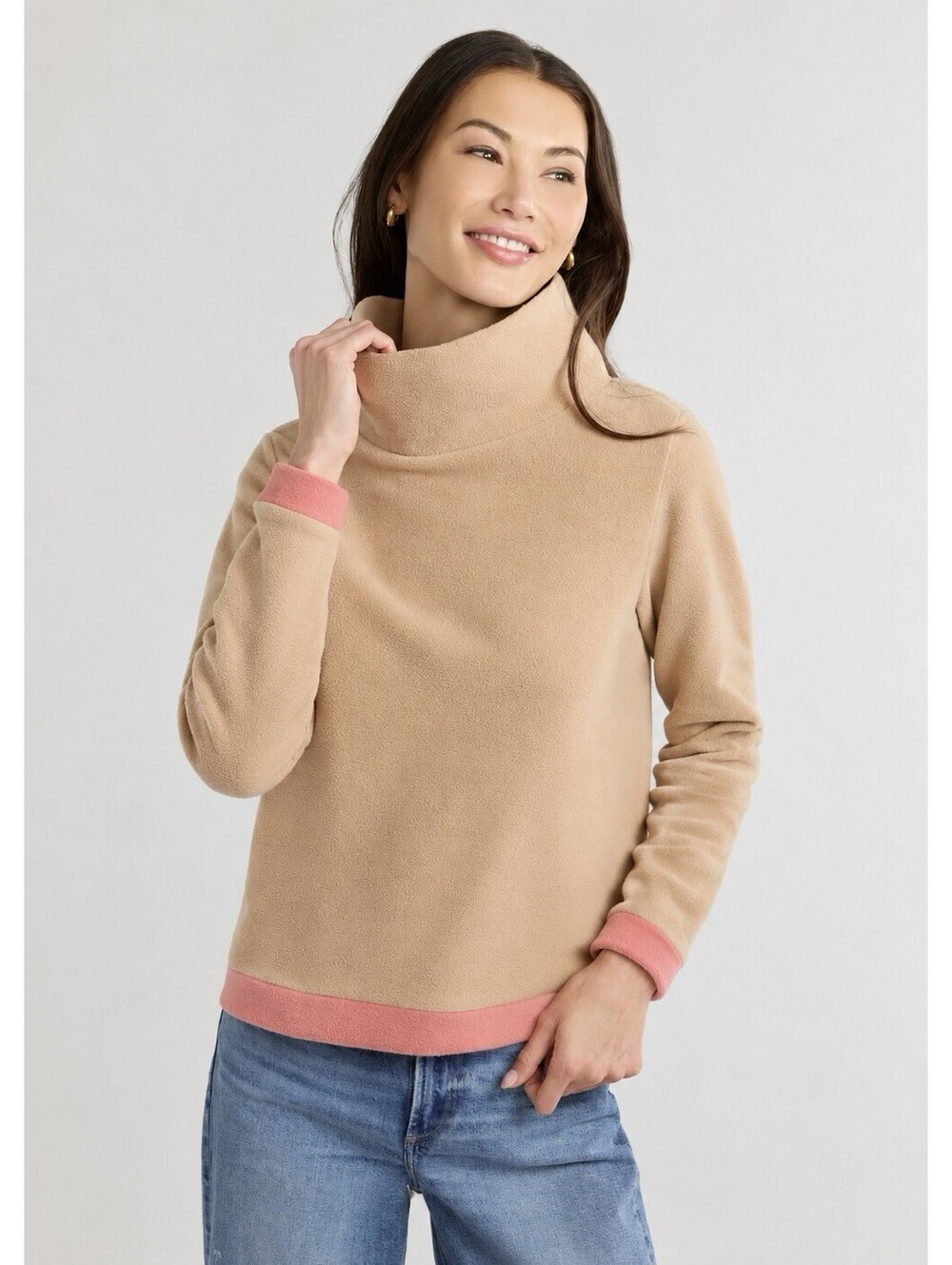 Dudley Stephens Women’s Medium Cobble Hill Fleece Turtleneck Camel Beige Preppy